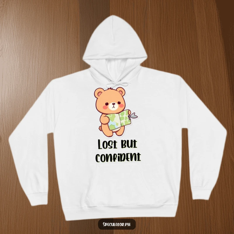 Funny kawaii bear hoodie, with a map and pointing gesture, guiding the way, ideal for comfortable adventures.