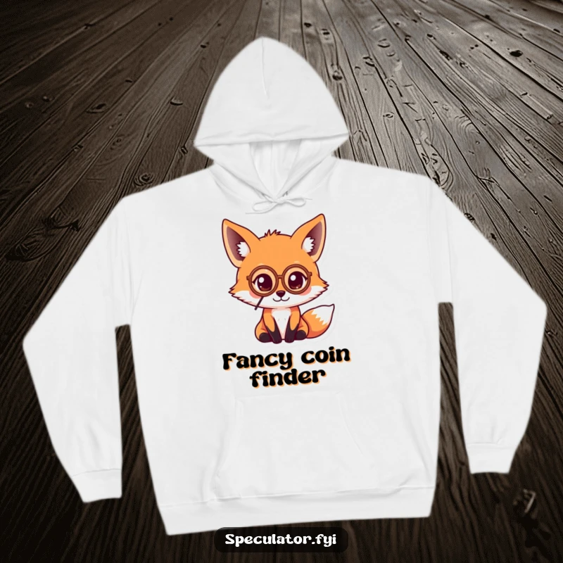 Funny kawaii fox wearing a monocle and intently looking at a coin, featured on a cozy and humorous hoodie.