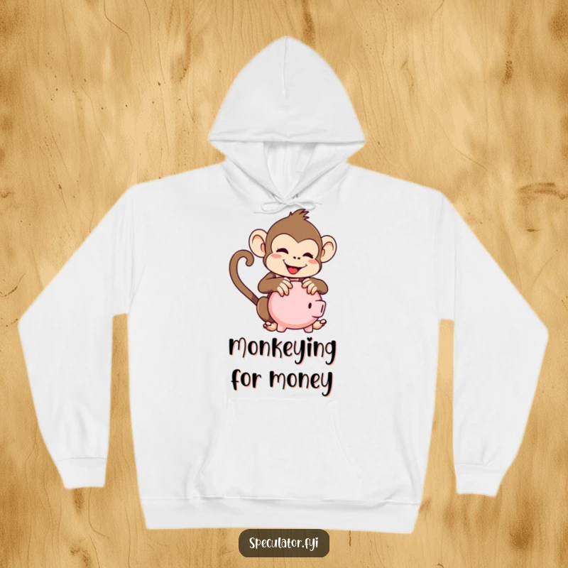 Funny kawaii monkey hoodie, playfully shaking a piggy bank, designed for comfort and a touch of financial humor.
