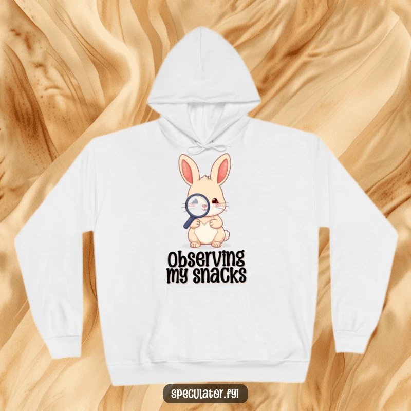Funny kawaii rabbit character holding a magnifying glass to inspect a tiny object on a cozy hoodie.