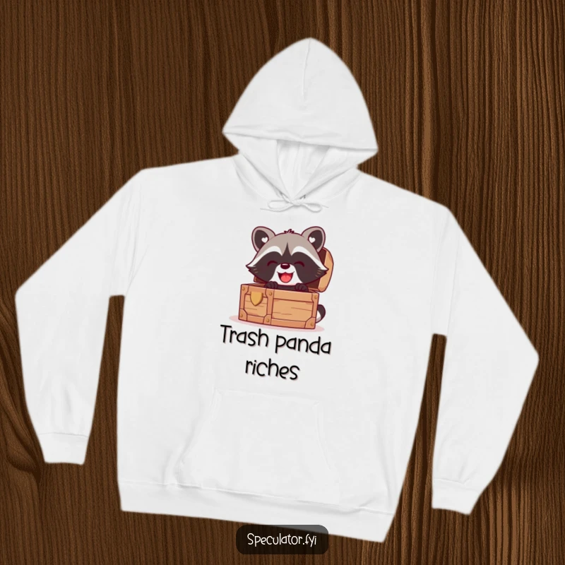 Funny kawaii raccoon hoodie, with a gleeful expression, discovering treasures in an open chest, cozy and stylish.