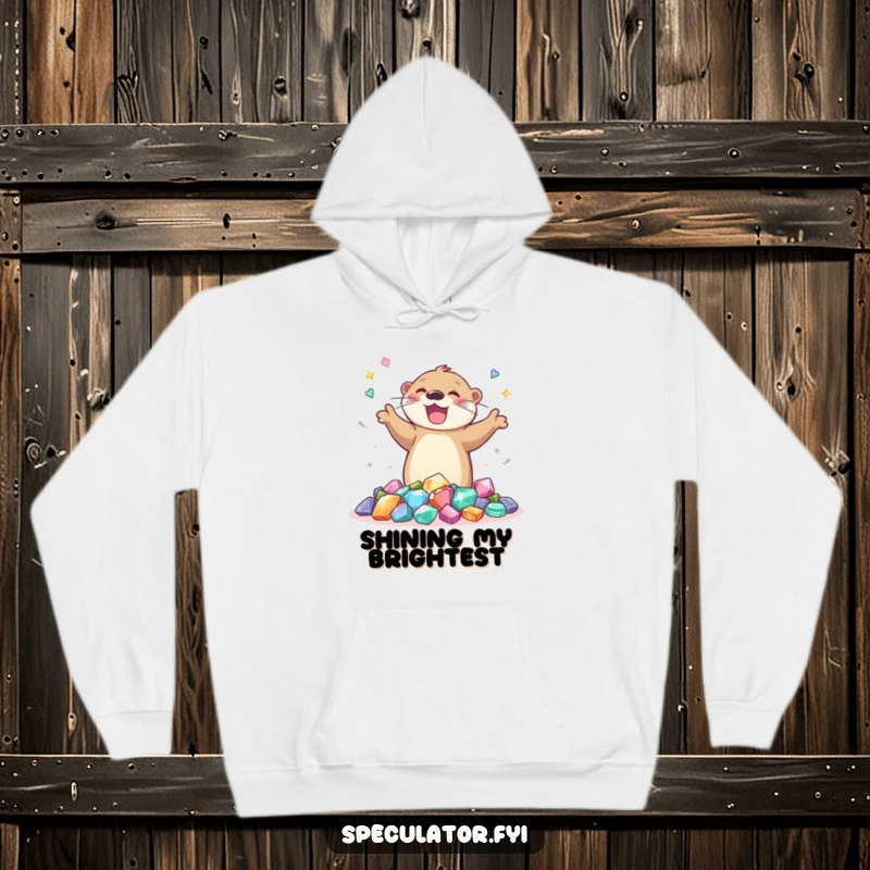 Funny and warm hoodie with a joyful otter dancing around a treasure of gems, offering comfort with a cheerful design.