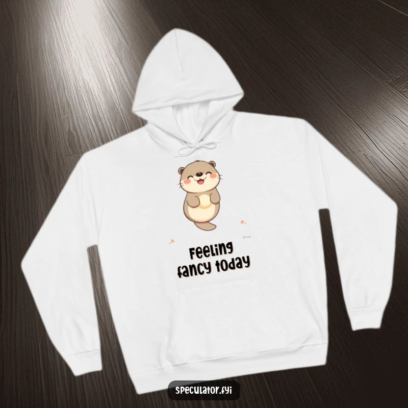 Funny otter hoodie with a happy character floating on its back, holding a pearl, for ultimate comfort.