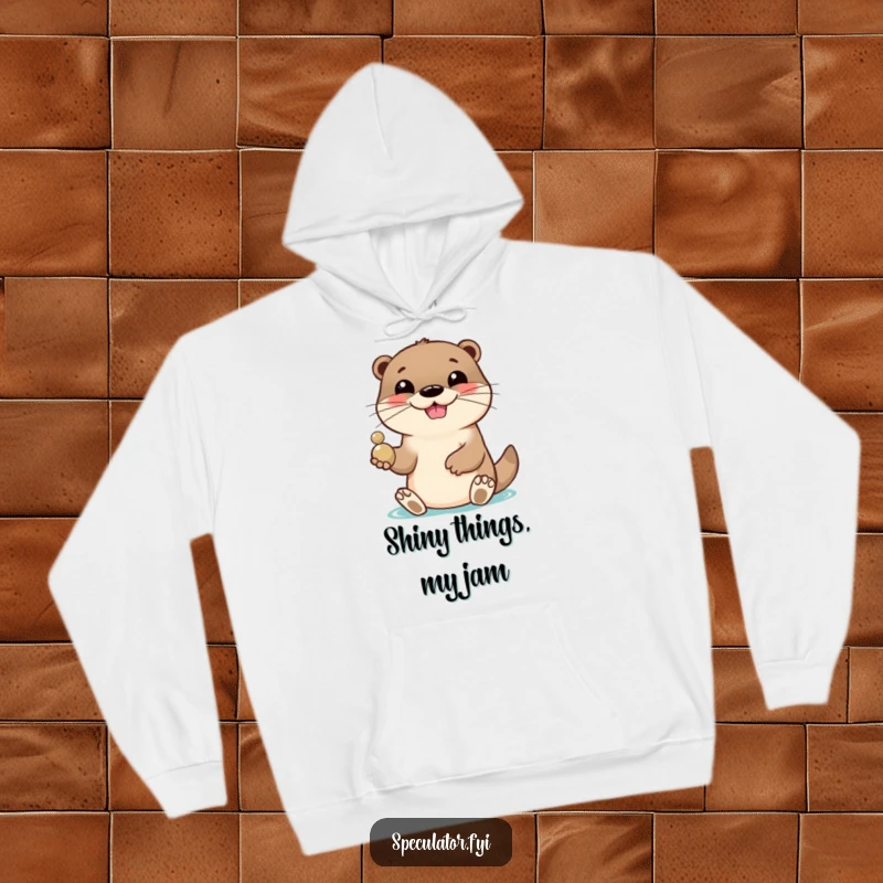 Funny hooded sweatshirt with a lively otter character grinning playfully while tossing a shiny pebble, offering warmth and fun. An ideal funny gift.