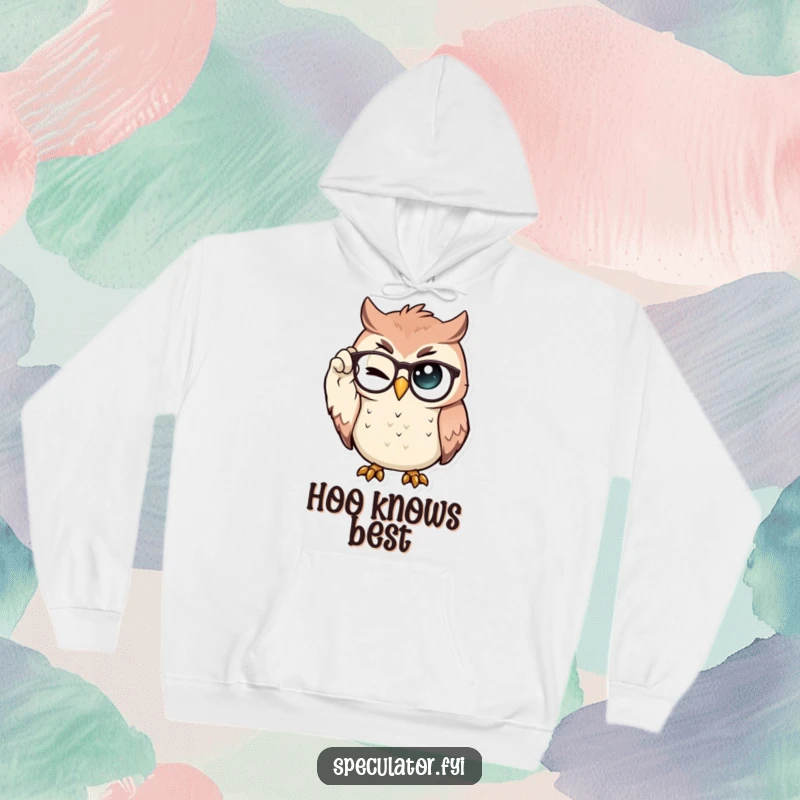 Funny Hoodie featuring a proud owl adjusting spectacles with a wink, designed for warmth and showcasing intelligent, playful style.