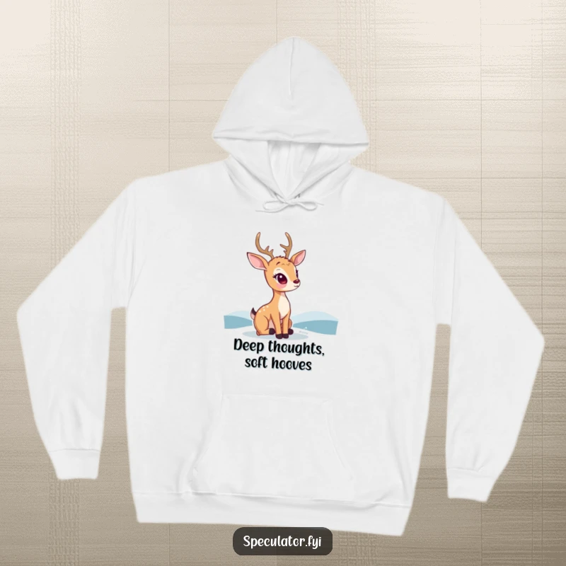 Funny kawaii deer hoodie, featuring a thoughtful deer gazing at a distant horizon, ideal for comfort and relaxation.