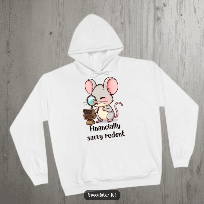 Funny hooded sweatshirt with a clever mouse wearing a monocle, examining a market ticker, offering warmth and financial humor. An ideal funny gift.