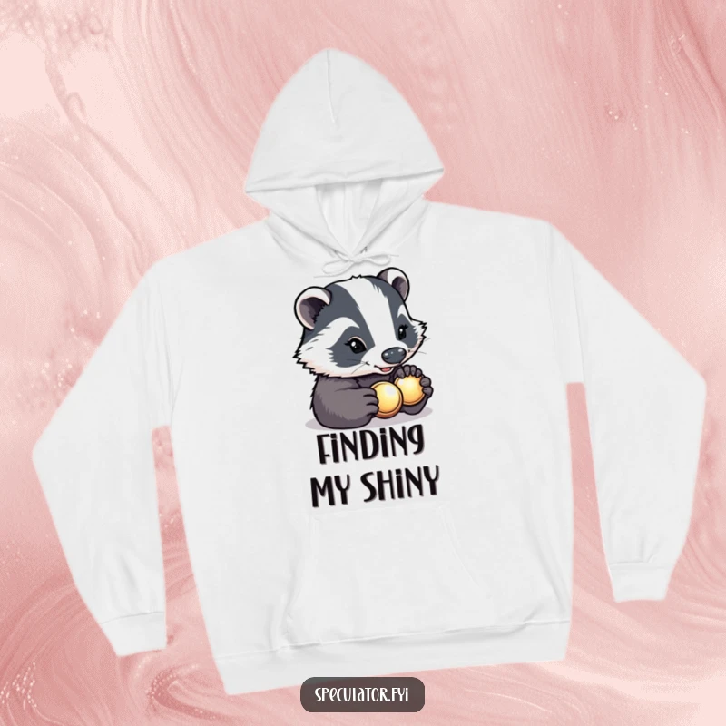Funny determined badger with a bright smile carefully inspecting a shiny button on a hoodie, comfortable and humorous clothing.