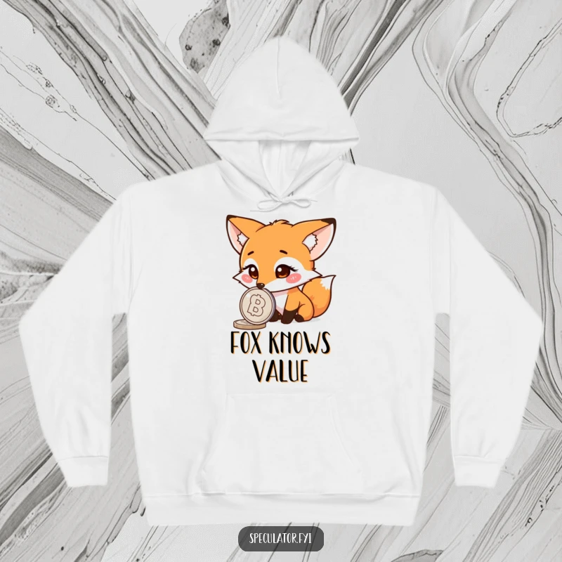 Funny fox hoodie, curious character watching a spinning coin, soft and warm, witty animal design.