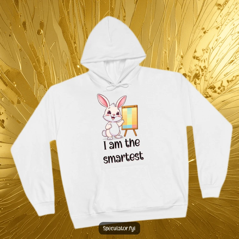 Funny bunny hoodie, confidently explaining a colorful chart, perfect for data analysts, business humor.