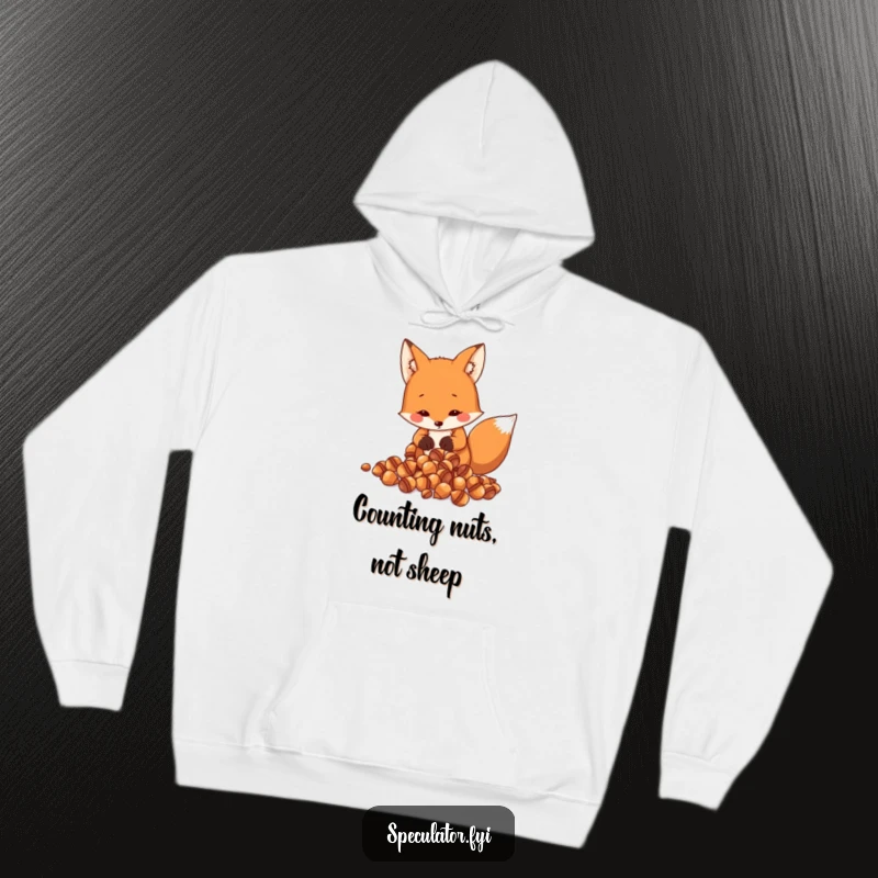 Funny Fox Hoodie: a resourceful fox is pictured counting shiny acorns, embodying a humorous and prepared personality.