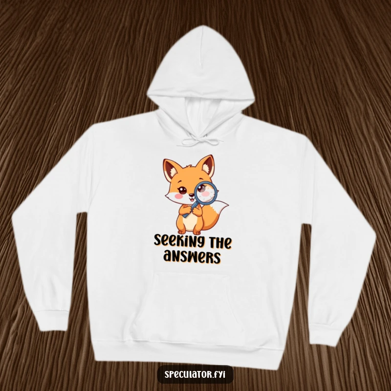 Funny cheerful fox hoodie holding magnifying glass to question mark, a cozy detective character pondering secrets.