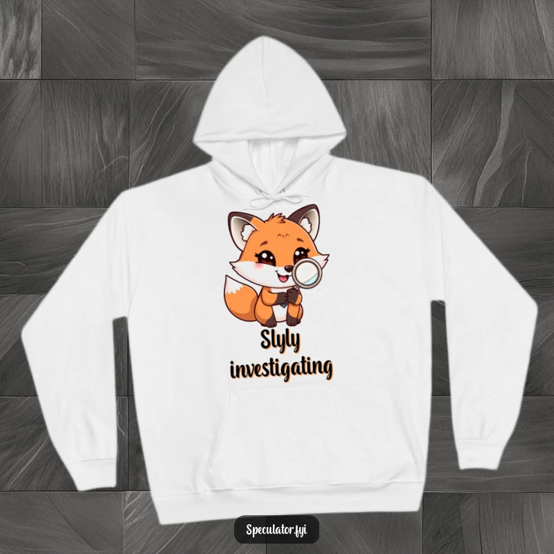 Funny fox detective in a hoodie, holding a magnifying glass with a confident grin, perfect for cozy sleuthing.