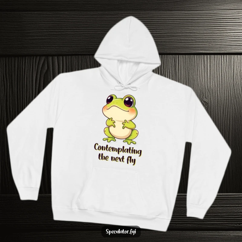 Funny hoodie depicting a hopping frog character with a speculative expression, looking skyward with amusing curiosity.