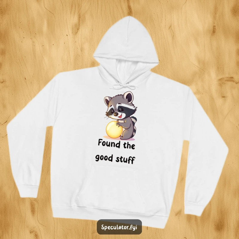 Funny happy raccoon examining a mysterious, glowing orb on a hoodie, comfortable and humorous clothing.
