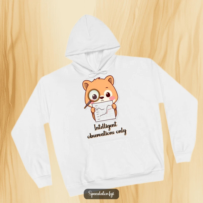 Funny Kawaii animal hoodie, featuring a tiny monocle and focused on a chart, blending cozy warmth with intelligent humor.