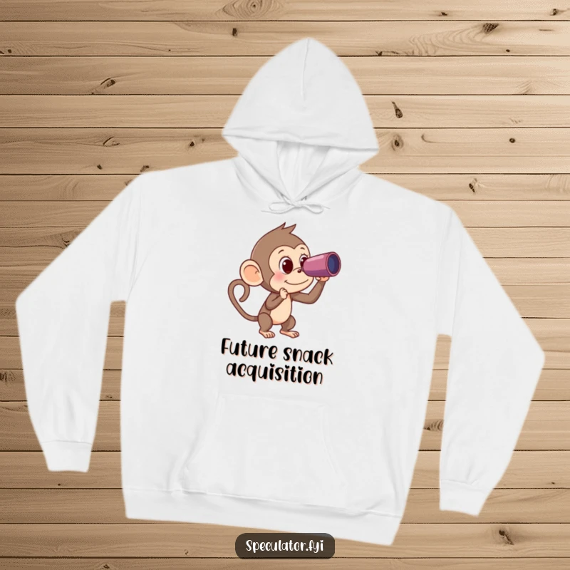 Funny Monkey Hoodie: a curious monkey uses a spyglass to spot a banana, expressing a humorous and focused determination.