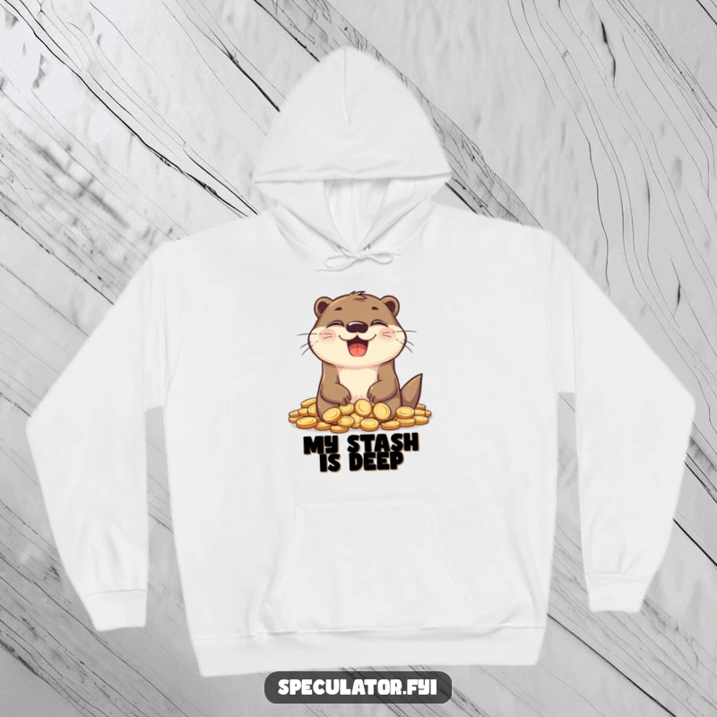 Funny otter hoodie, delighted expression, surrounded by stacks of coins, cozy. wealth graphic.