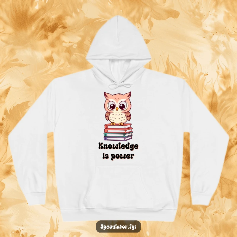 Funny Owl Hoodie: a clever owl sits on a stack of books, eyes calculating, embodying a humorous and thoughtful persona.