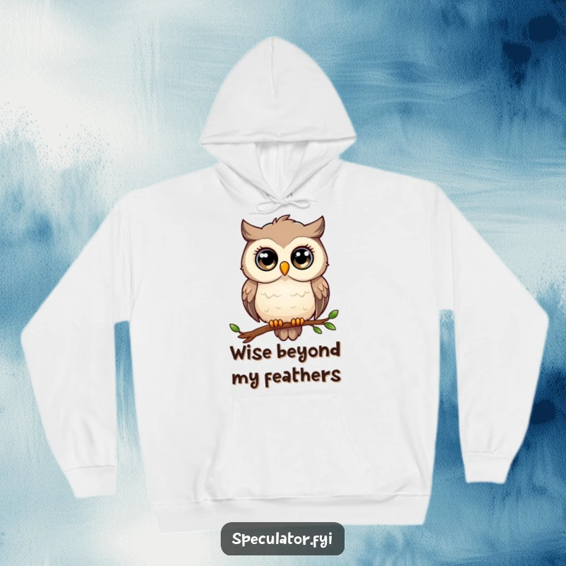 Funny owl hoodie, large eyes, perched on a branch, gazing thoughtfully, cozy and wise for gifting.