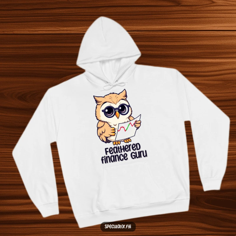 Funny owl in a monocle, deeply focused on a stock chart, printed on a cozy hoodie, ideal for finance enthusiasts.