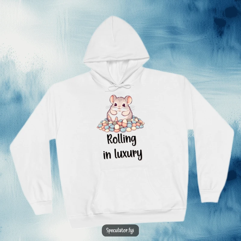 Funny playful chinchilla rolling in shimmering pebbles on a hoodie, comfortable and humorous clothing.