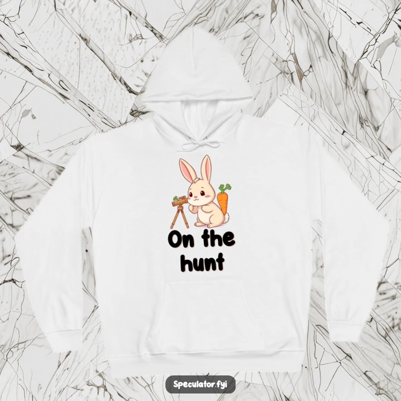 Funny hoodie graphic of a rabbit with a telescope, looking up at the sky towards a carrot, exuding wonder and coziness.