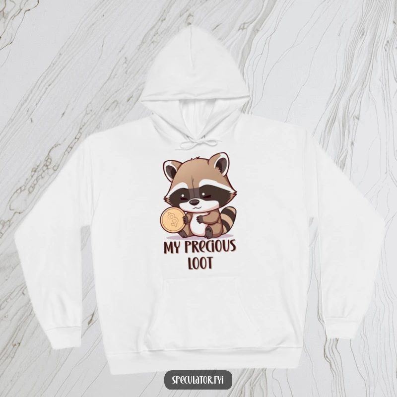 Funny Raccoon Hoodie: a shrewd raccoon is pictured examining a coin with a sly grin, embodying a humorous and collected persona.