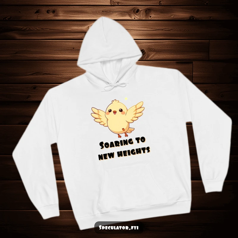 Funny bird hoodie showcasing a happy character with wings spread, soaring towards a hopeful, distant shimmering light.