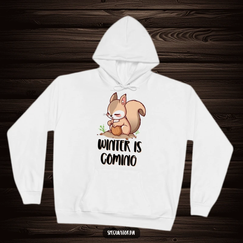Funny Squirrel Hoodie: a nimble squirrel buries a nut while glancing around warily, embodying a humorous and active persona.