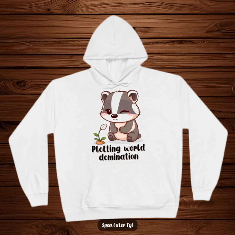 Funny Badger Hoodie: A winking badger observes a sprouting seed on a cozy hoodie, perfect for garden humor.