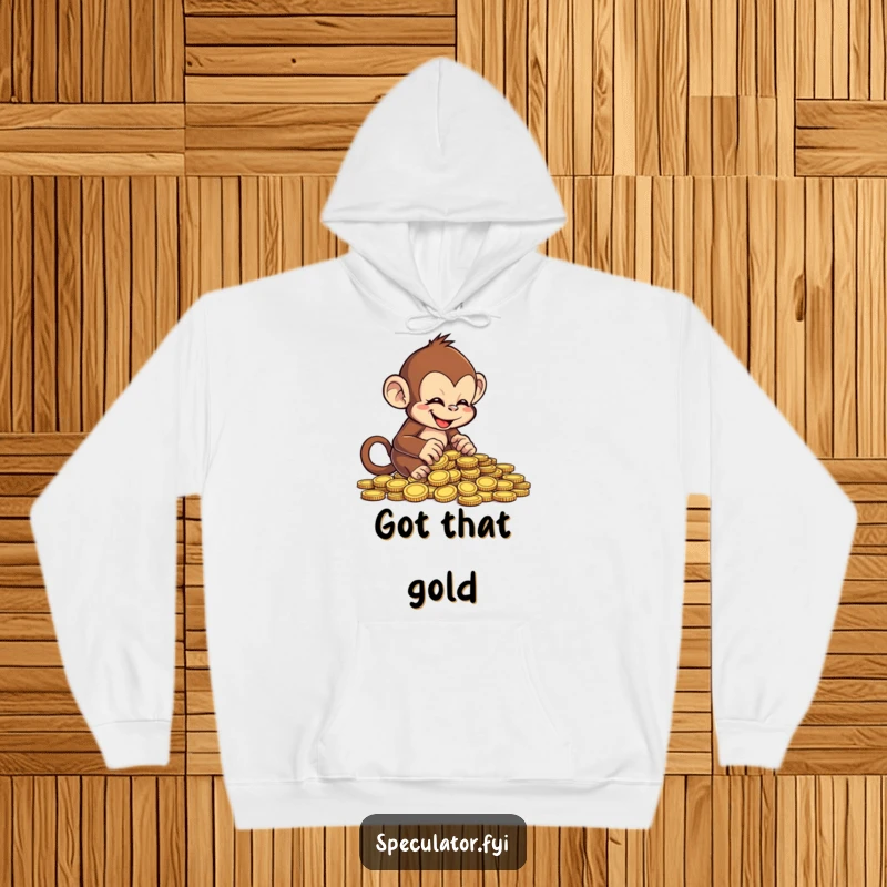 Funny cheeky monkey hoodie, examining a hoard of coins with glee, comfortable and humorous apparel.