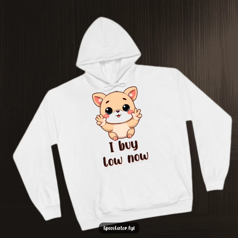 Funny Kawaii animal hoodie executing buy low sell high paws gesture, a warm and witty funny gift for traders.
