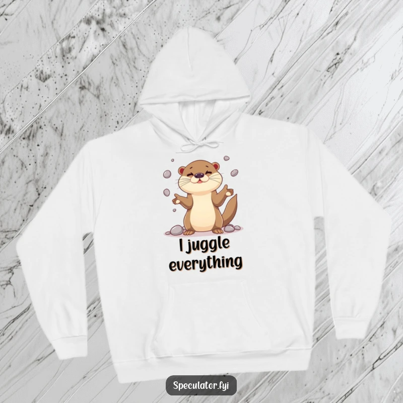 Funny playful otter character hoodie juggling shiny pebbles with impressive dexterity, designed for comfort and displaying aquatic juggling humor.