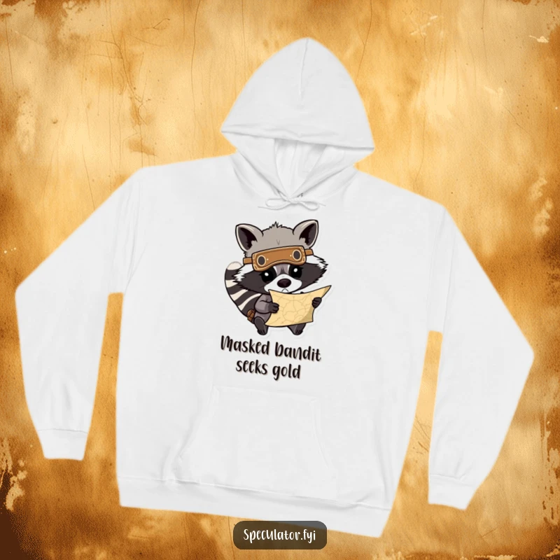 Funny hooded sweatshirt with a determined raccoon wearing a mask, looking at a treasure map, ready for adventure. An ideal funny gift.