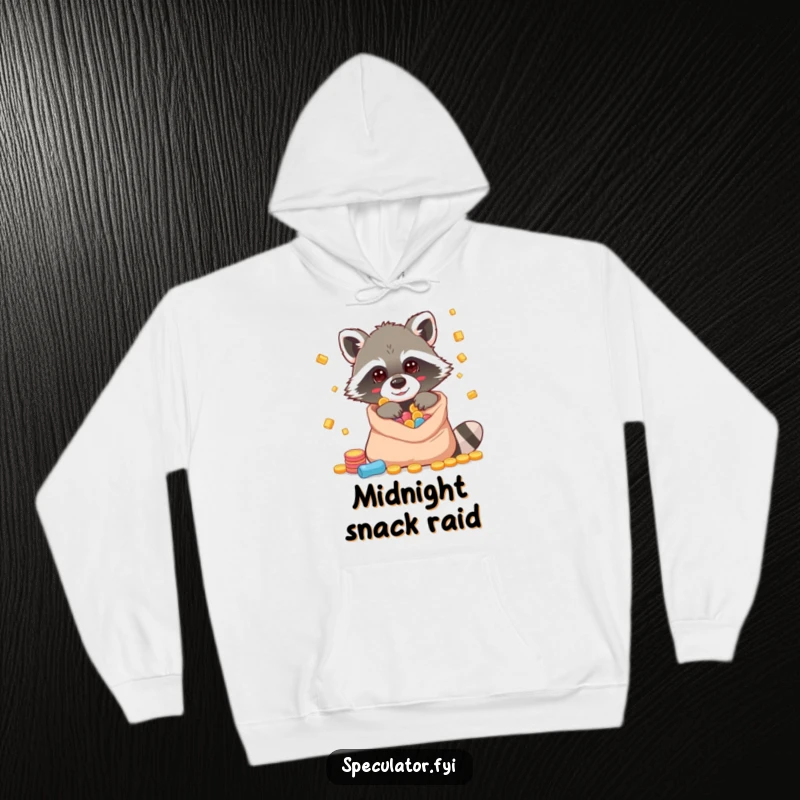 Funny raccoon hoodie with a character peeking into a bag of riches, offering comfort and mischief.