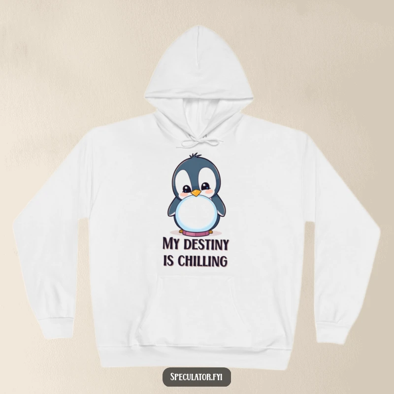 Funny curious penguin smiling while peering into a crystal ball on a hoodie, comfortable and humorous clothing.