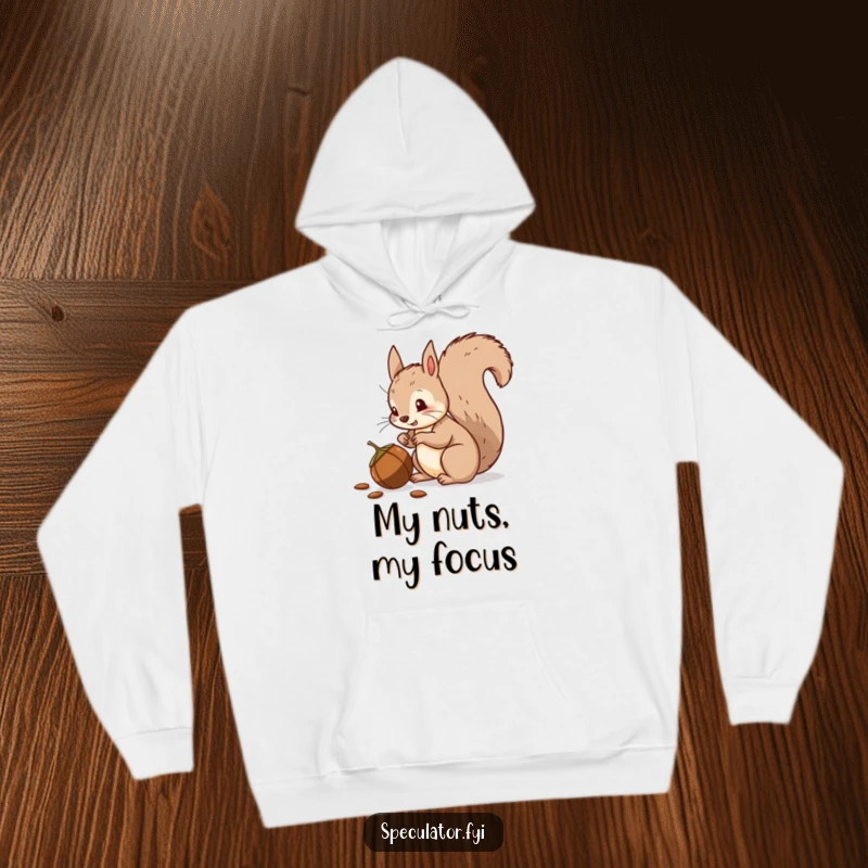 Funny squirrel hoodie, bushy tail, suspicious of a fallen nut, perfect for cozy humor and gifting.