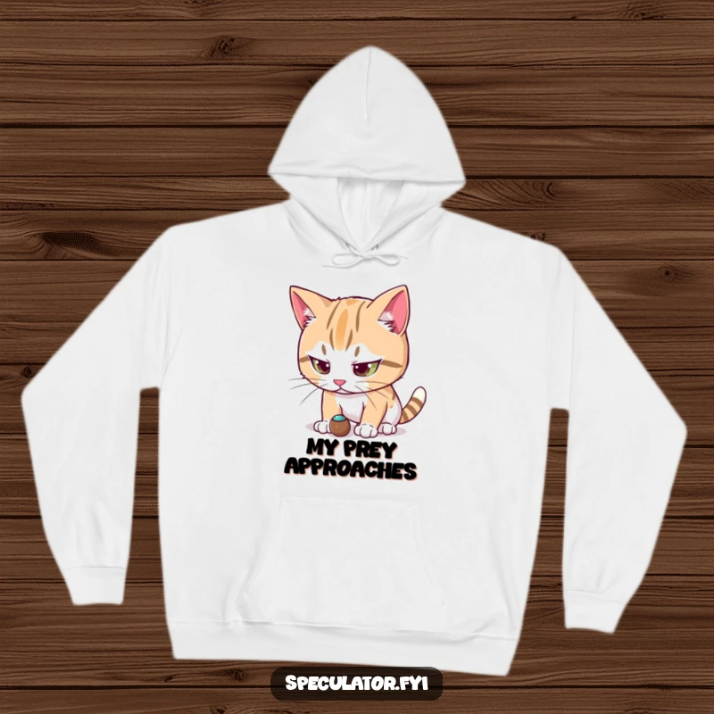 Funny cat character hoodie intensely focused on a small moving object, designed for comfort and displaying concentrated feline humor.