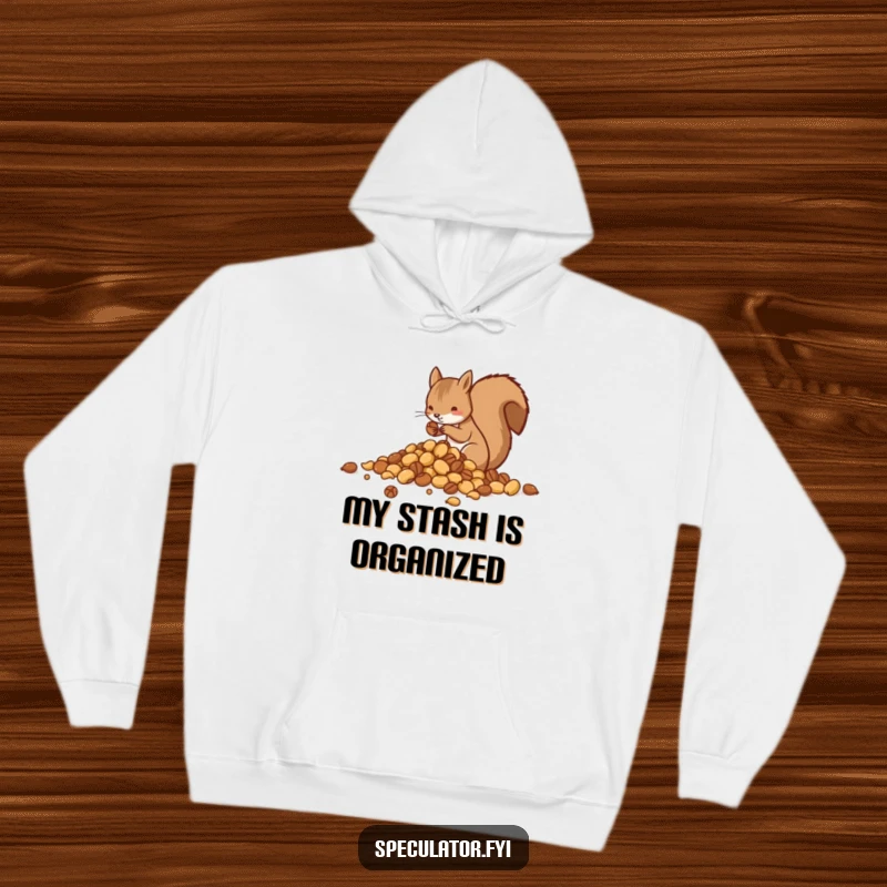 Funny hoodie graphic of a squirrel meticulously sorting nuts into neat piles, exuding a sense of accomplishment and warmth.