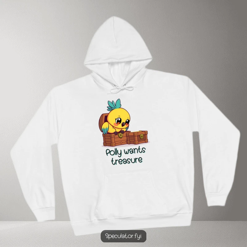 Funny curious parrot hoodie, gazing intently at a treasure chest, comfortable and humorous avian-themed apparel.