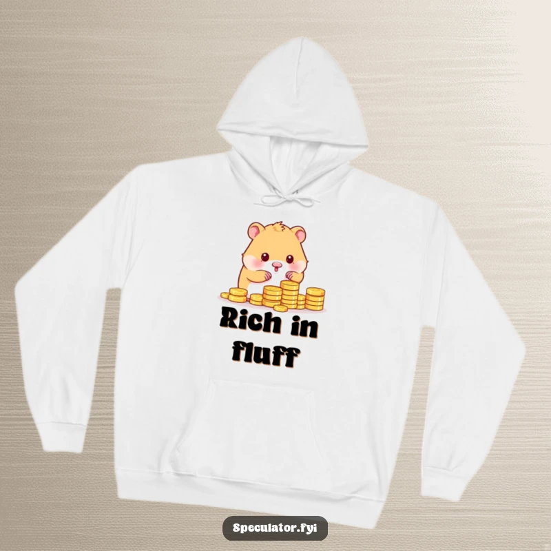 Funny kawaii hamster character diligently counting a massive stack of gold coins with a proud stance on a hoodie.