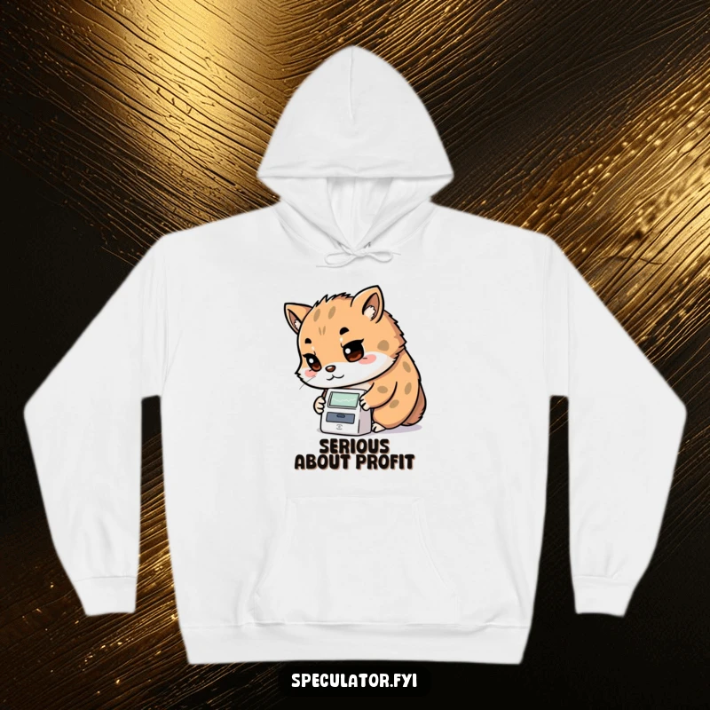 Funny Kawaii animal hoodie with determined look examining a stock ticker, cozy and a perfect funny gift.