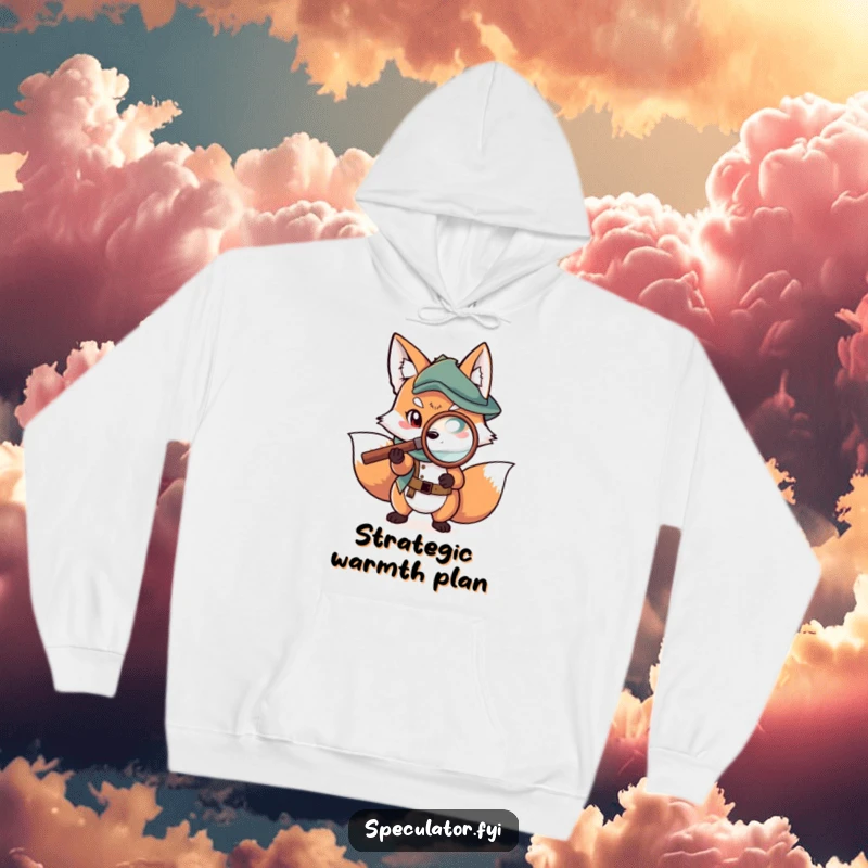 Funny fox hoodie with a character examining a map with a magnifying glass, offering comfort and strategy.