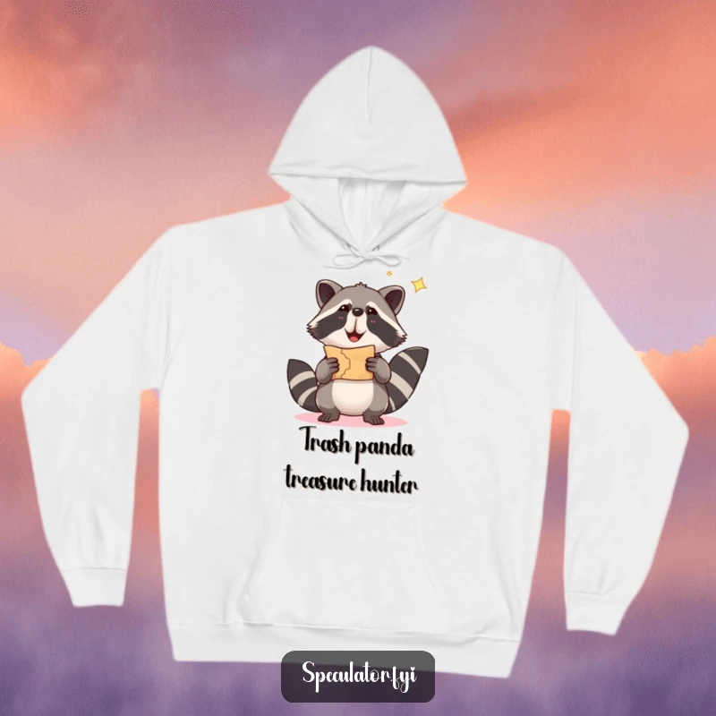 Funny raccoon hoodie featuring a joyful raccoon holding a treasure map, perfect for cozy, humorous outings.