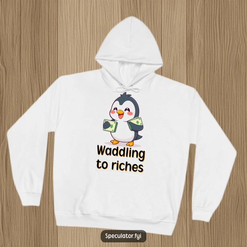 Funny smiling penguin hoodie, waddling with a stack of money, comfortable and humorous apparel.