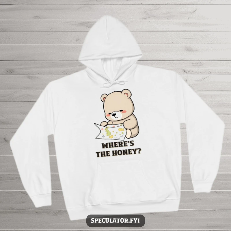 Funny hoodie graphic of a bear intently studying a complex map, exuding intelligence and a sense of adventure.