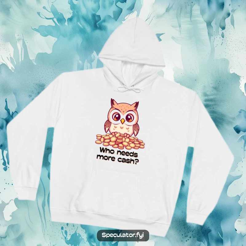 Funny kawaii owl with wide eyes and a pile of coins, featured on a cozy and humorous hoodie.