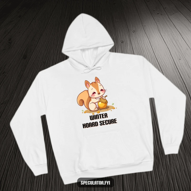 Funny squirrel hoodie with a character burying a shiny gold acorn, capturing a humorous and cozy vibe.