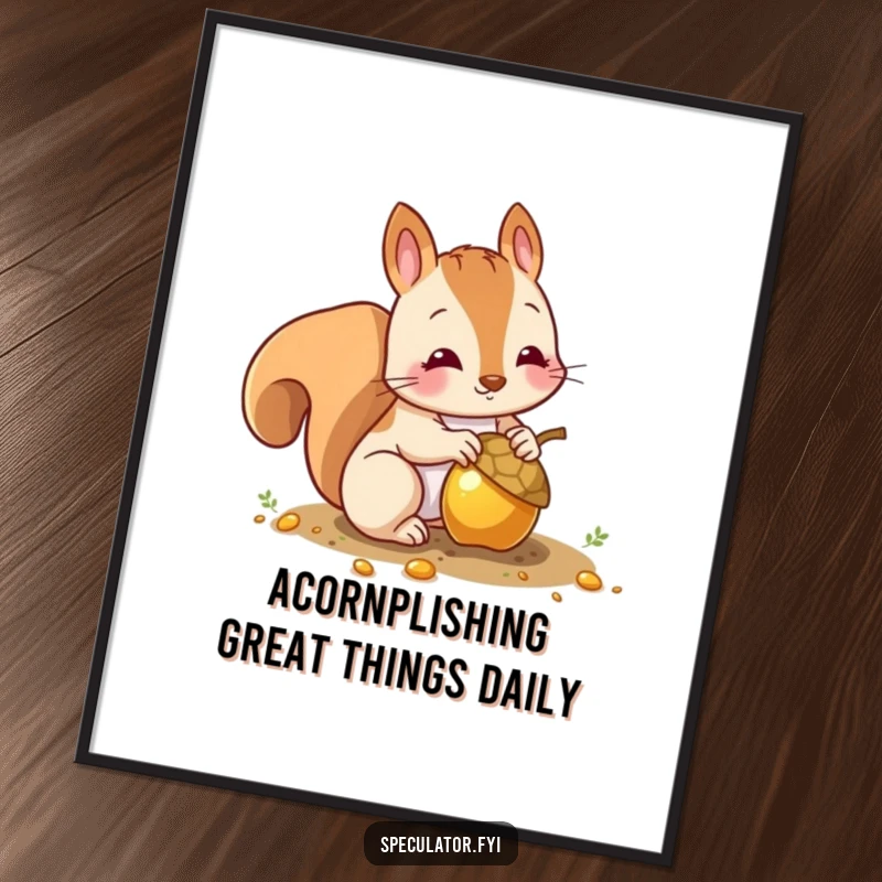 Funny Free Printable Wall Art: A hyperactive squirrel character diligently burying a gleaming gold acorn, celebrating its bounty.